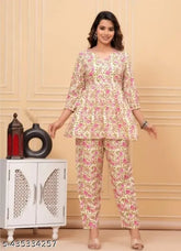 Rayon printed flared night suit with three-quarter sleeves, Indian-inspired design for comfortable sleepwear
